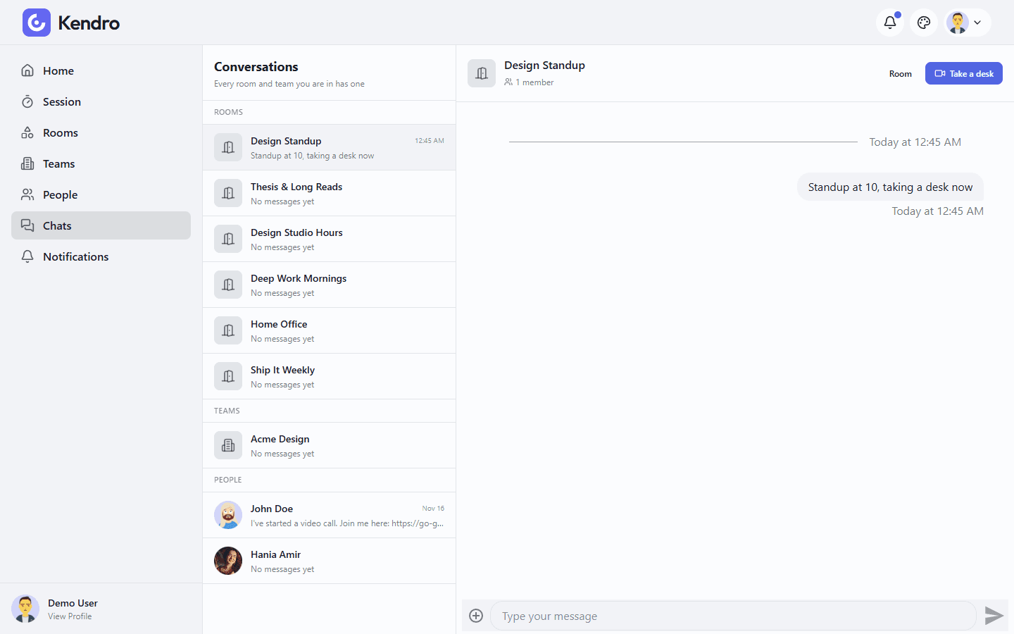 The conversations list with a channel per room and per team, plus direct messages