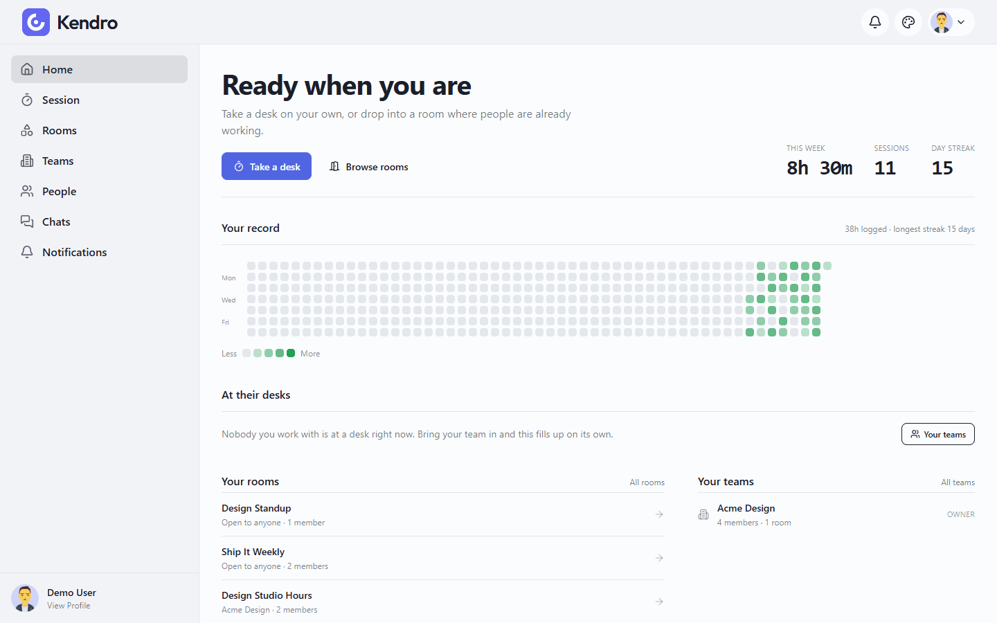 The dashboard with weekly hours, a contribution grid, live presence and the rooms and teams you belong to