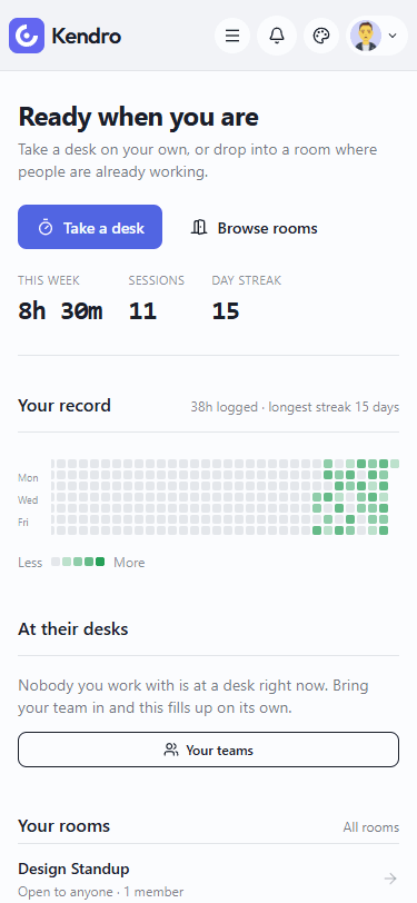 The dashboard on a phone with stats, contribution grid and rooms stacked