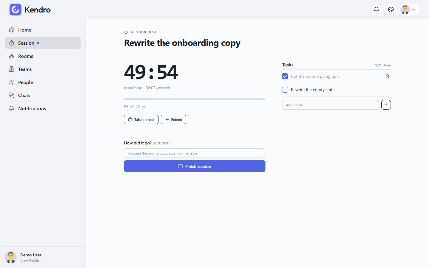 A running session with a countdown, task checklist and a note field for how it went