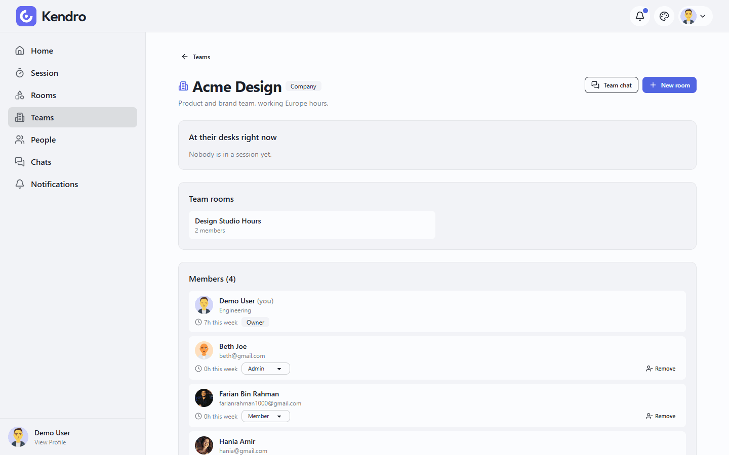 A team page showing live presence, team rooms and members with hours and roles