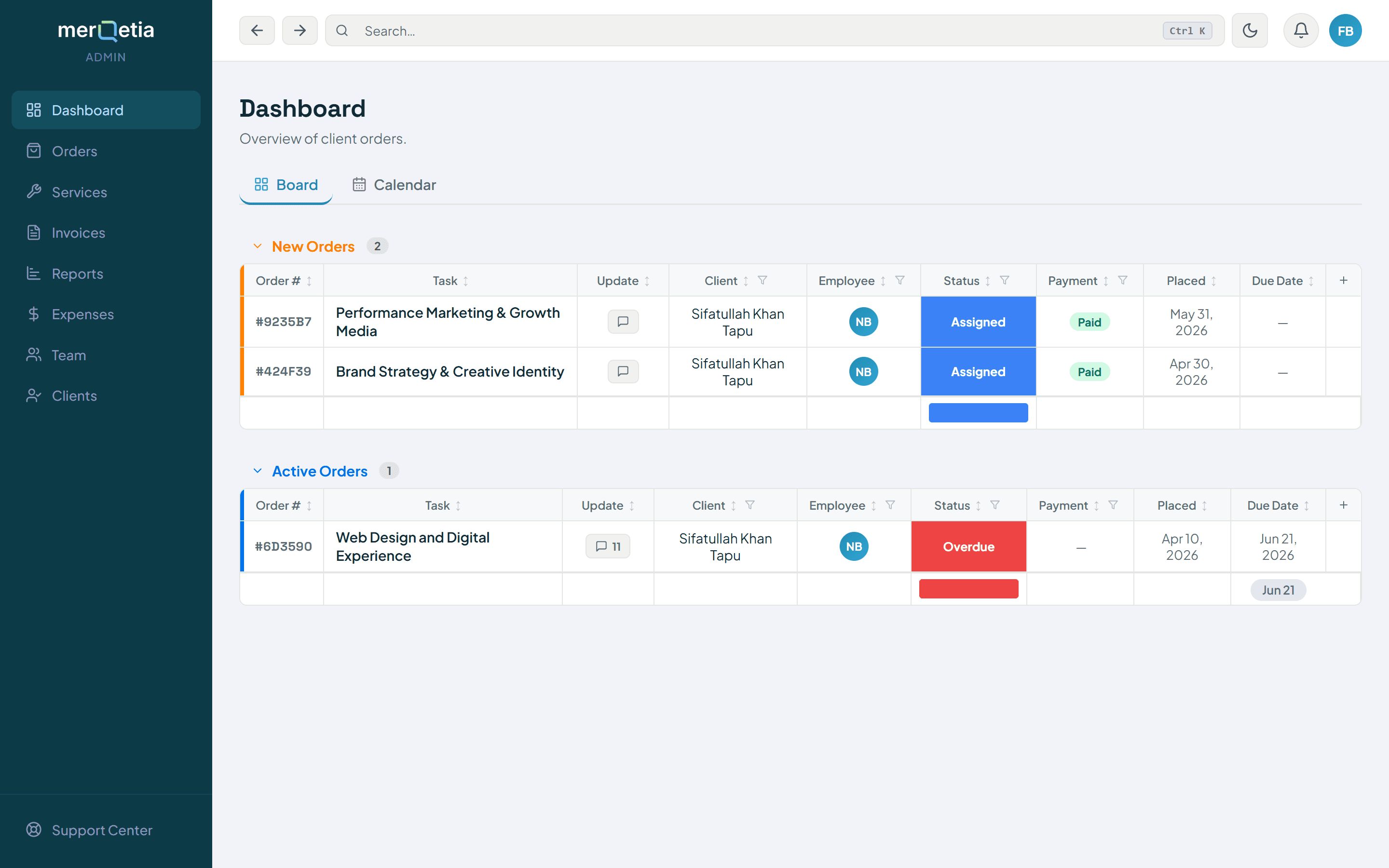 The admin order board grouped into new and active orders with status, payment and due-date columns