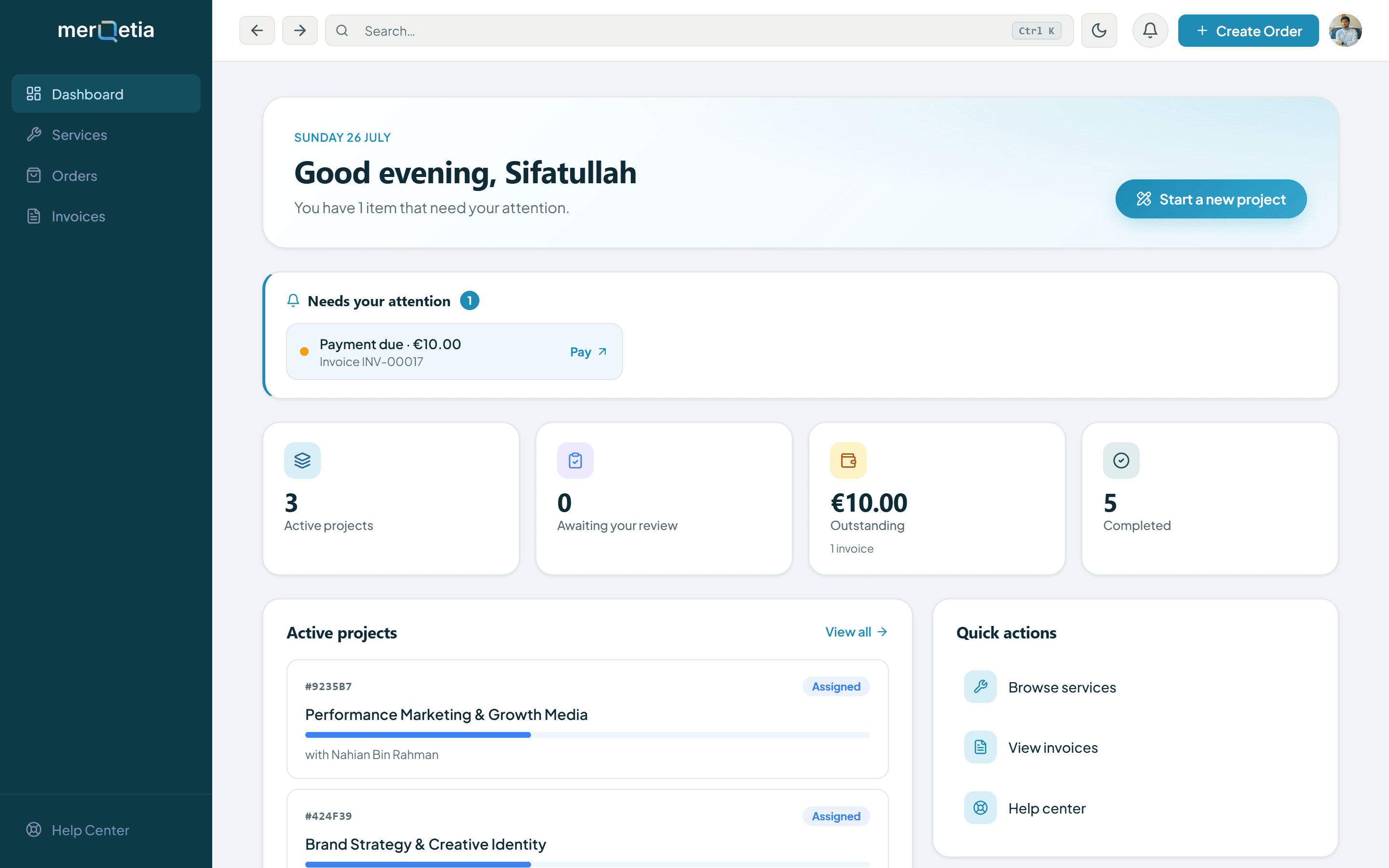 The client dashboard with an attention banner, active projects and quick actions