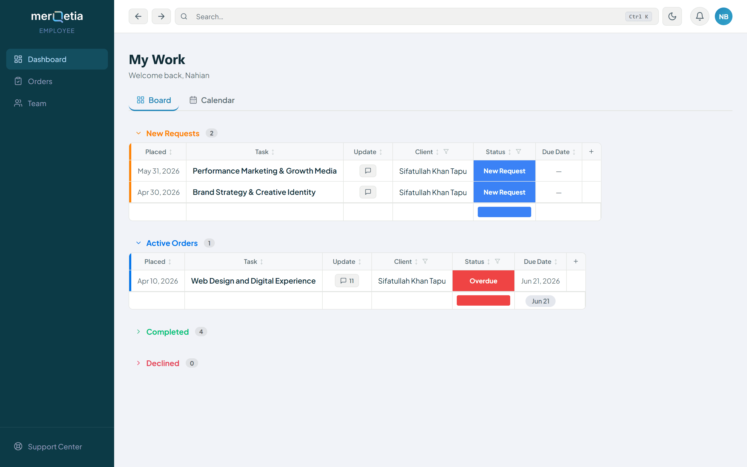 The employee My Work board with new requests, active orders, completed and declined groups