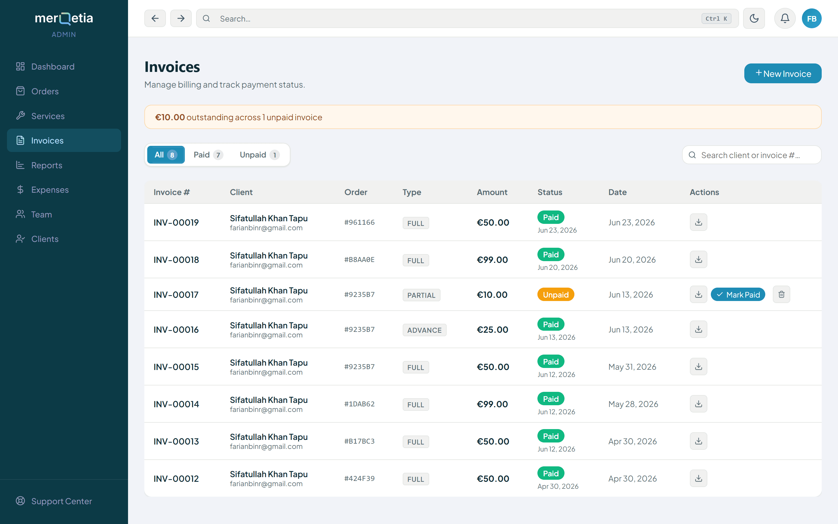 The invoice list with full, advance and partial invoices and their payment status