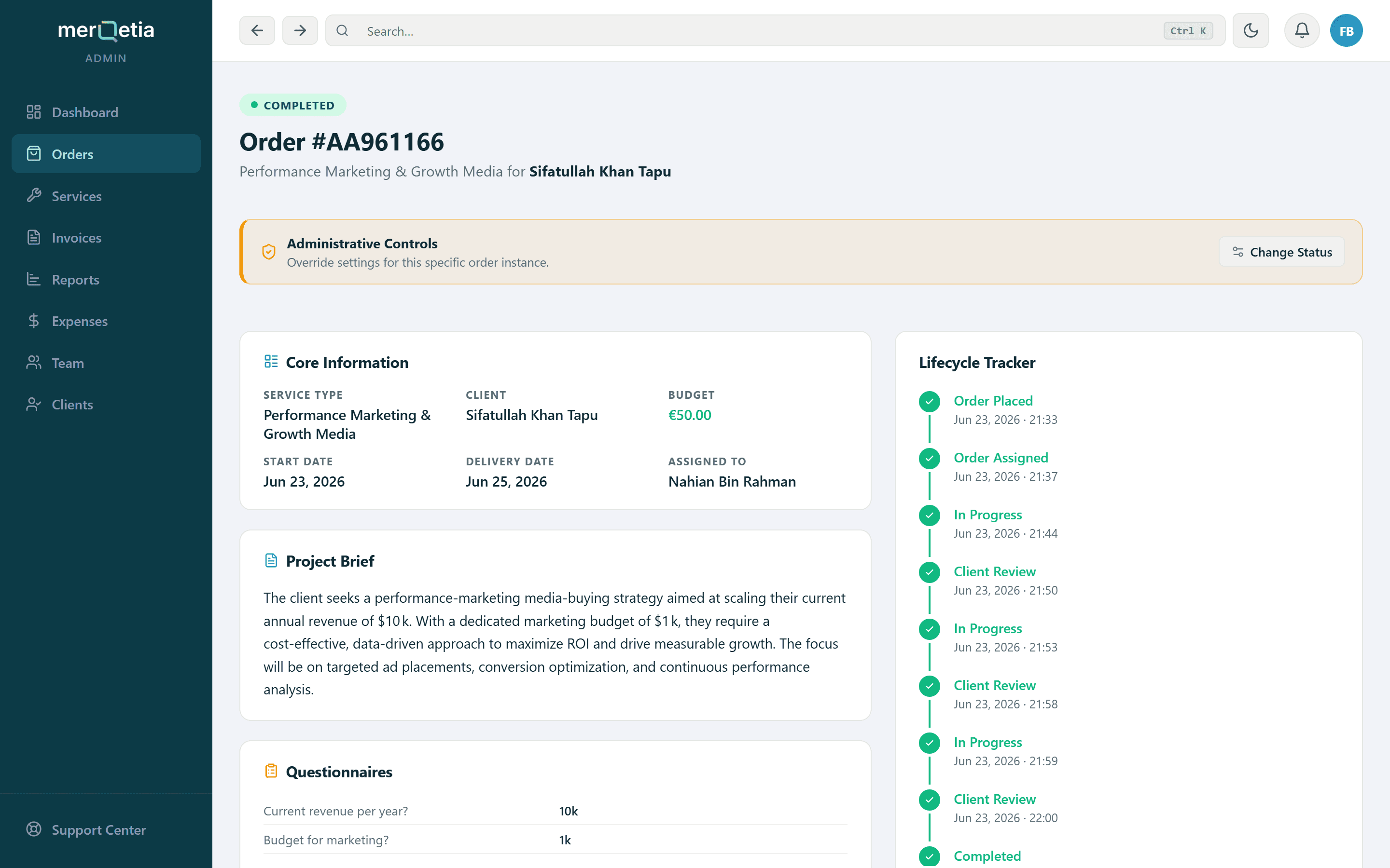 An order page with core information, project brief, questionnaire answers and a lifecycle tracker