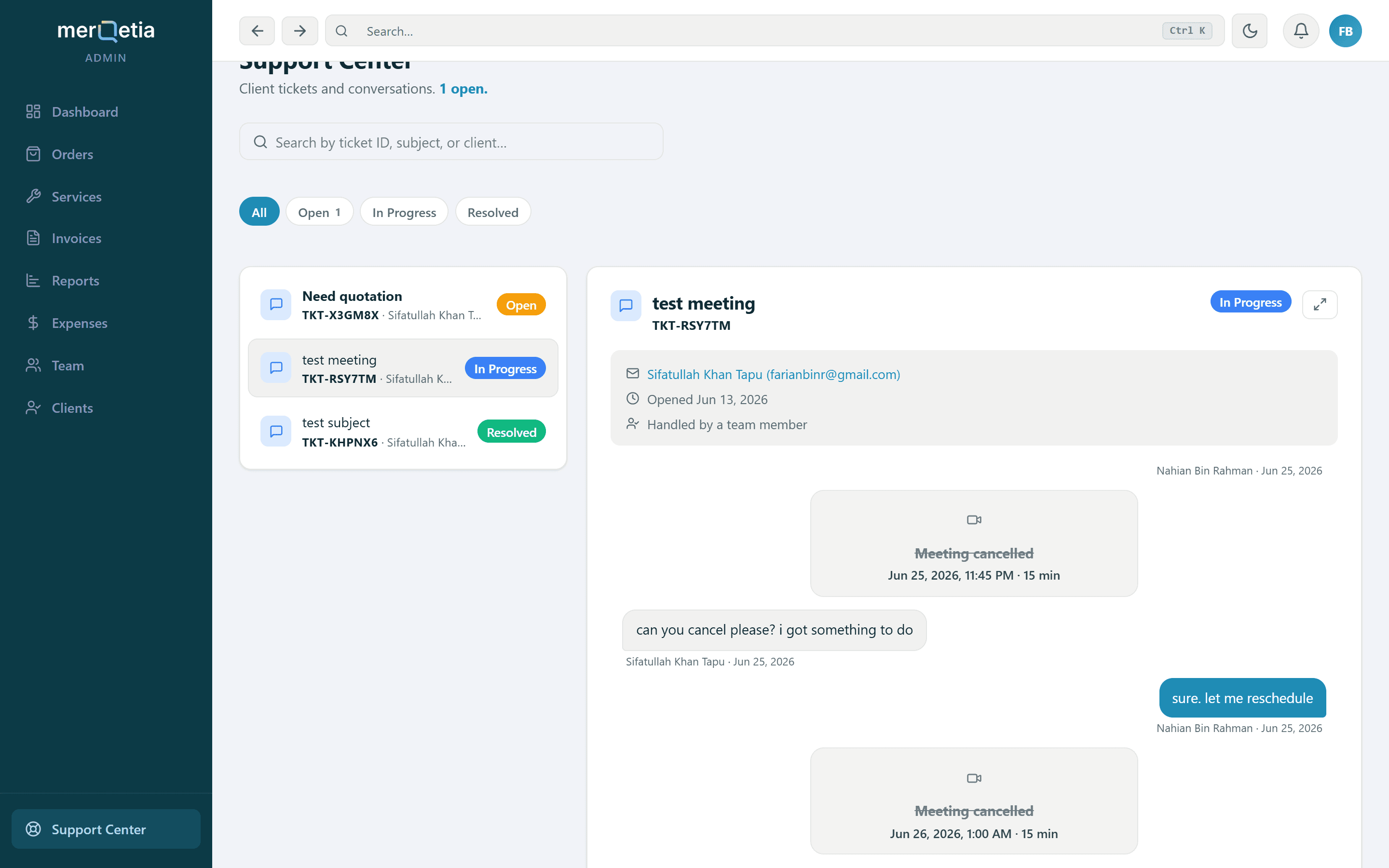 The support centre with tickets, a threaded conversation and inline scheduled meetings
