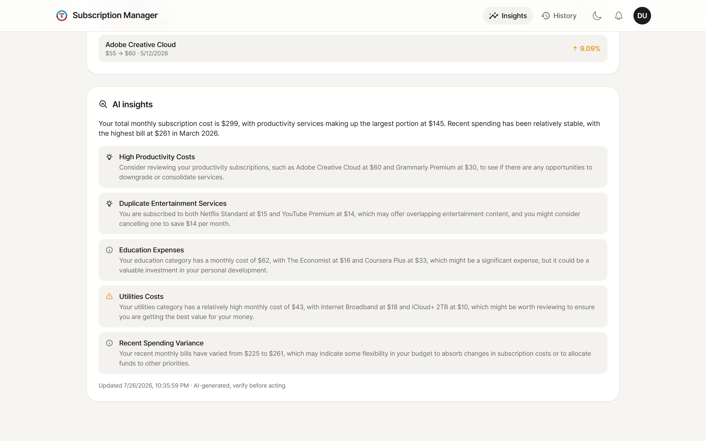 AI-generated insight cards covering productivity costs, duplicate services and spending variance