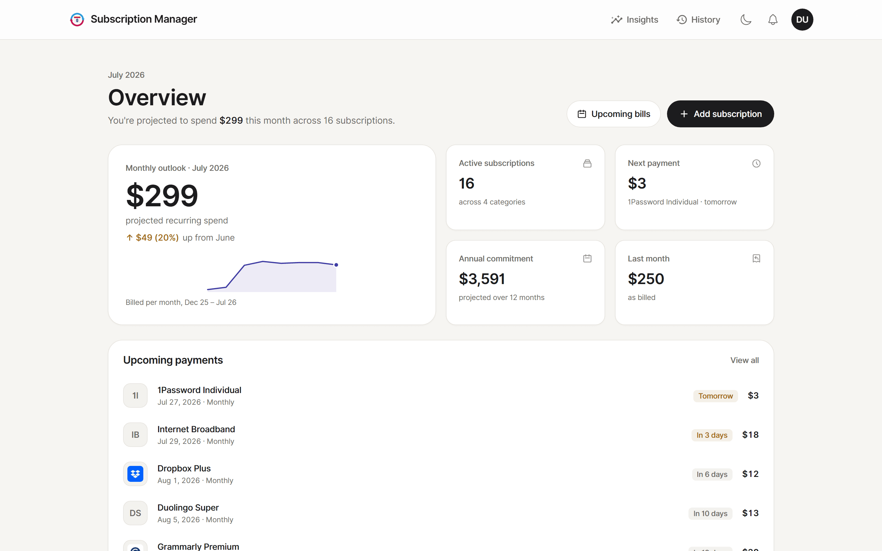 The Subscription Manager overview with a monthly outlook card, spend stats and upcoming payments