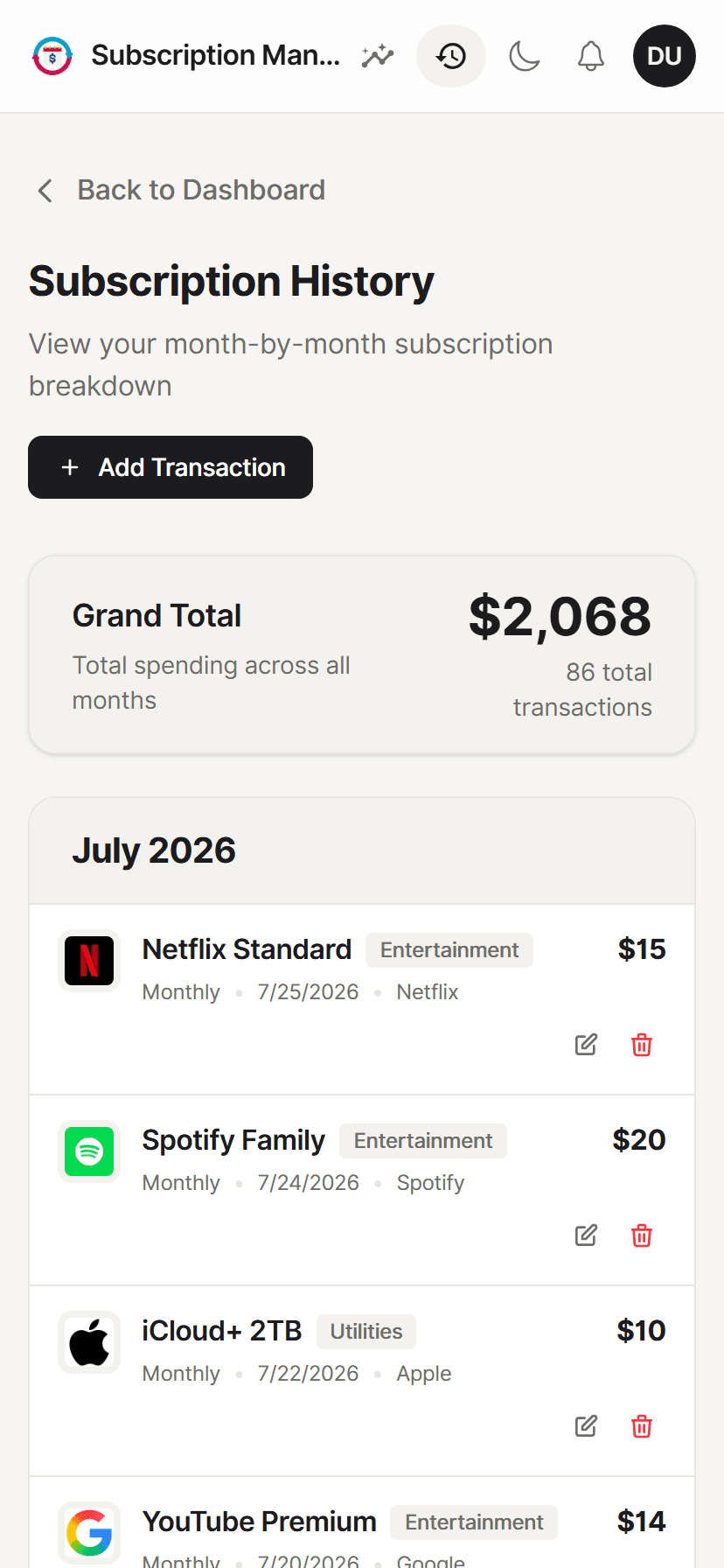 Month-by-month transaction history on a phone with edit and delete per row