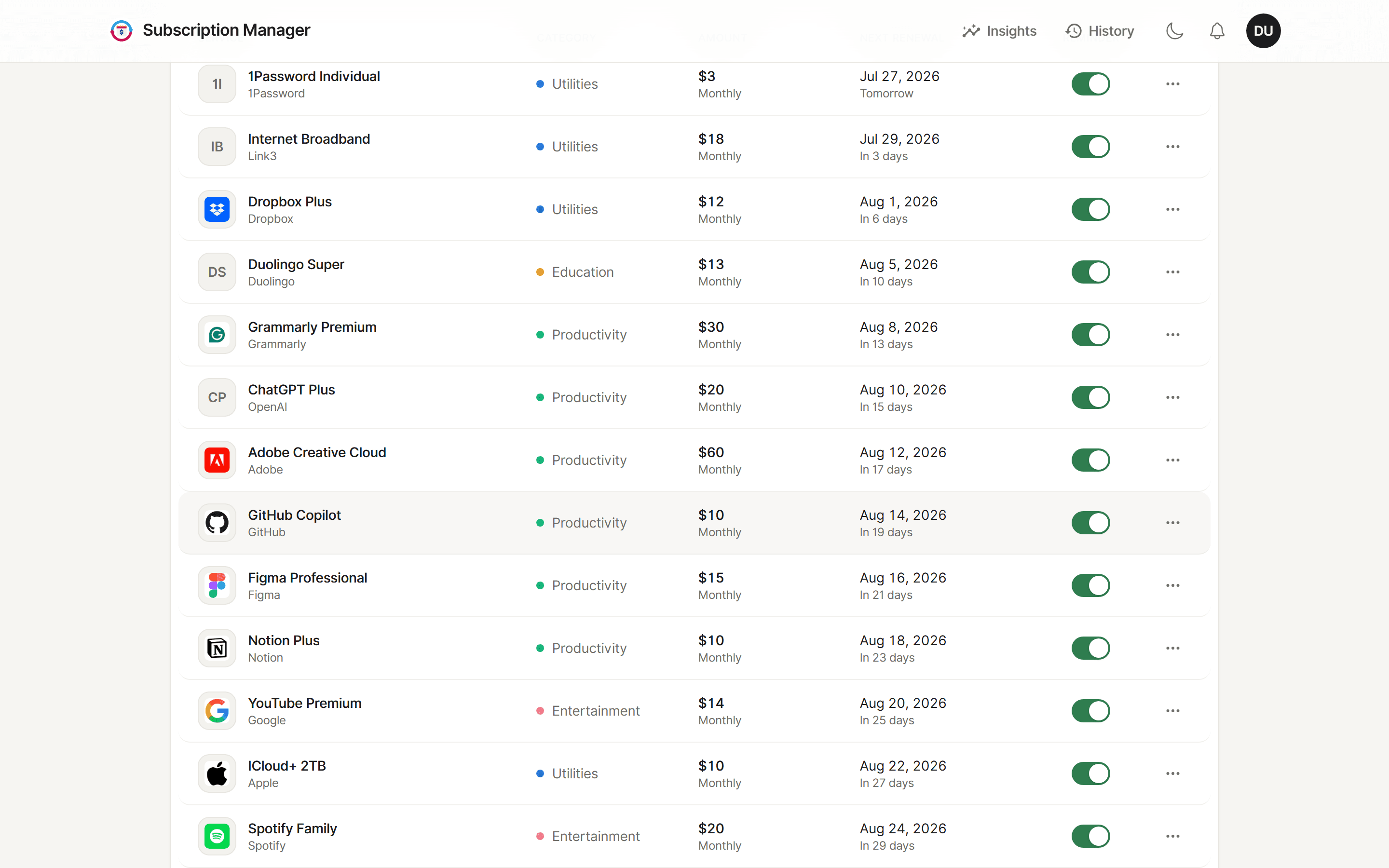 The full subscription table with category, amount, next renewal and per-row toggles