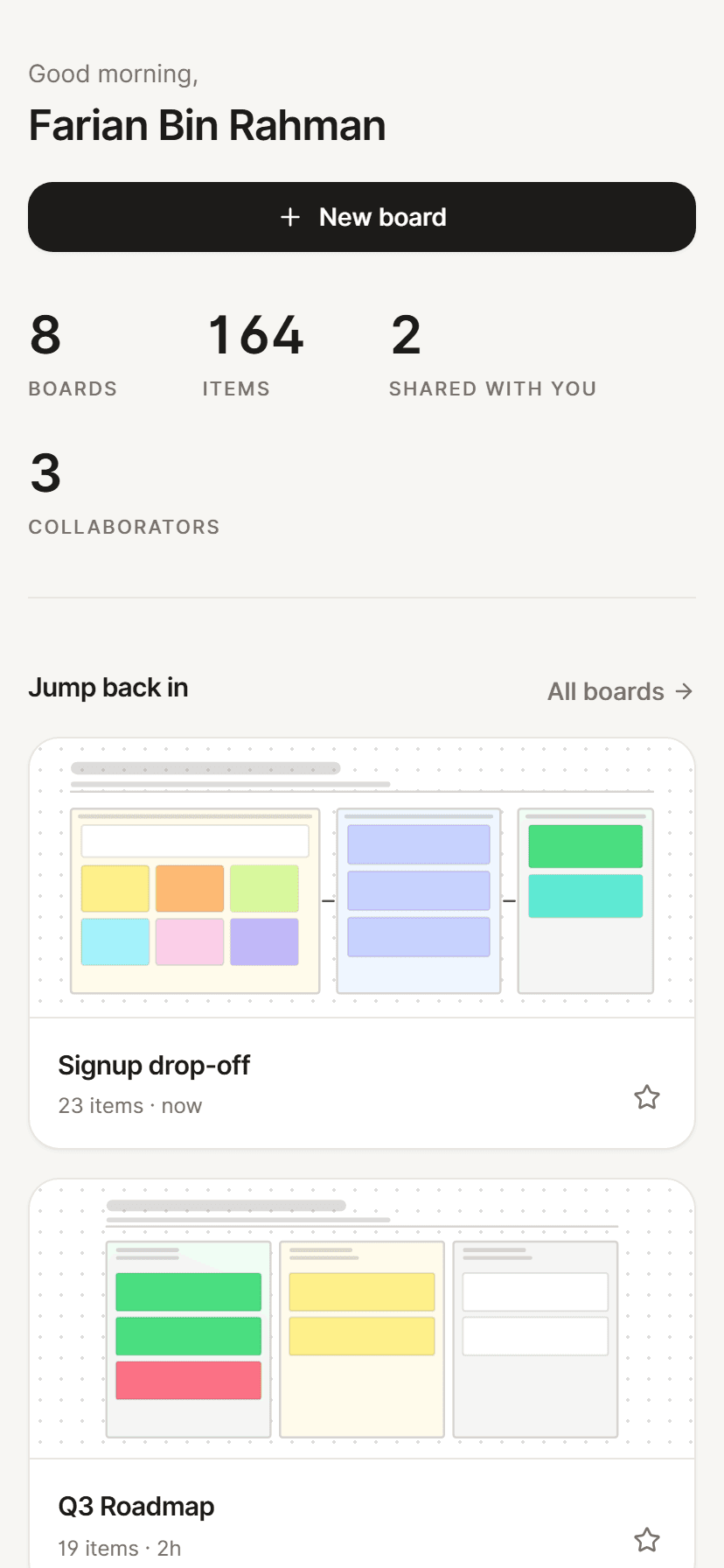 The dashboard on a phone — stats stacked, board previews full width