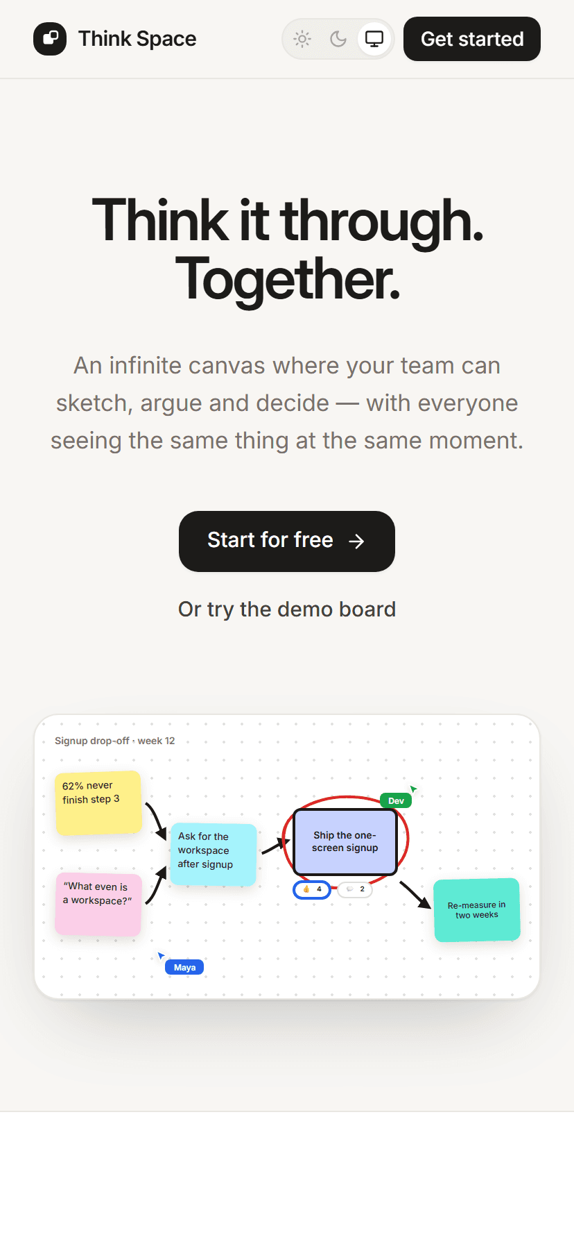 The landing page on a phone with the demo board rendered below the hero