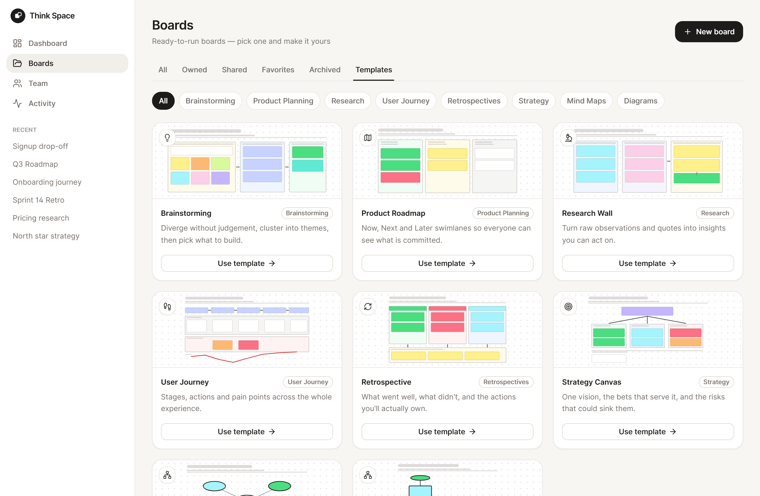 The template gallery with eight starter boards grouped by category